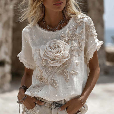 Womens Retro Printed Patchwork Crew-Neck Top