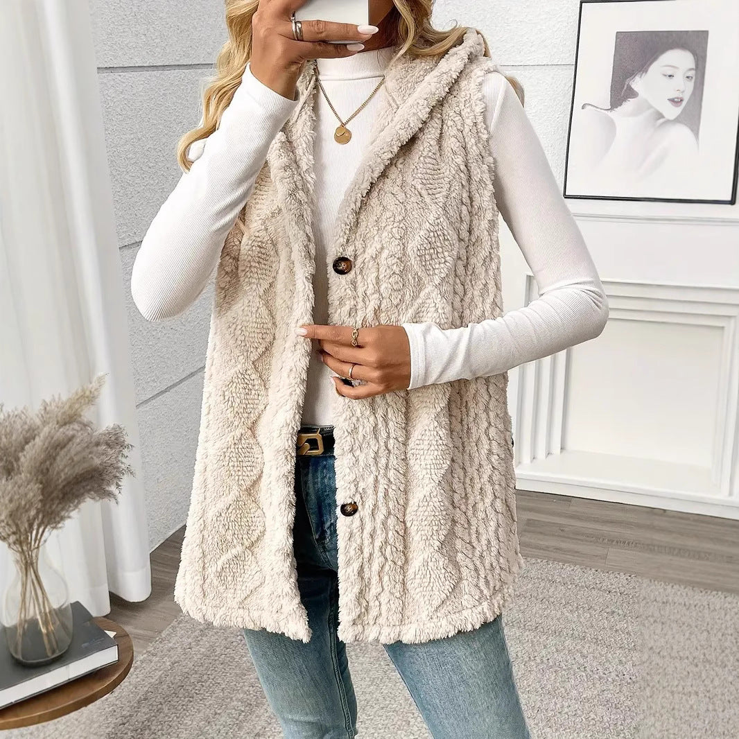 Solid Color Double-sided Plush Hooded Button Cardigan Casual Women Autumn And Winter Vest