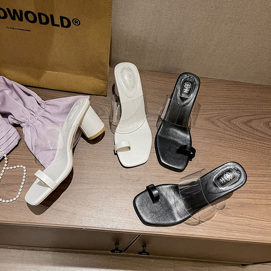 Toe Covering Transparent Ankle-strap Chunky Heel Outdoor Slippers