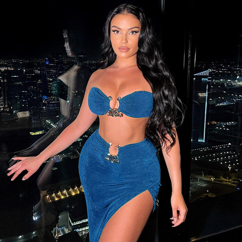 Womens Sexy Midriff-baring Top And Slit Sheath Skirt Set