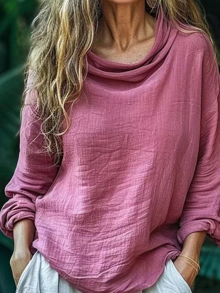 Spring Women's Casual Loose Fashion Long Sleeved Solid Color Pile Collar Pullover Pleated Top