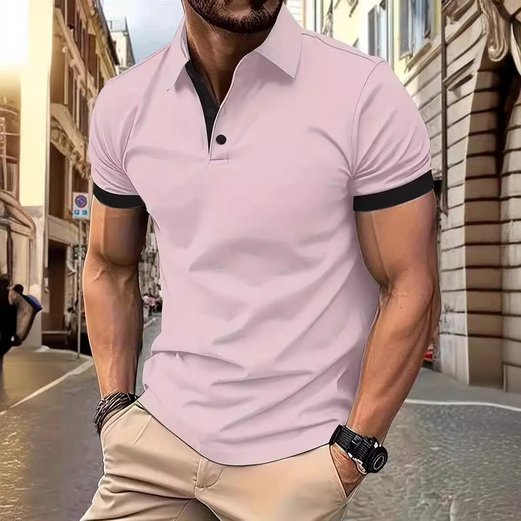 Solid Color Lapel Short Sleeve Polo Shirt Casual Loose Men 4D