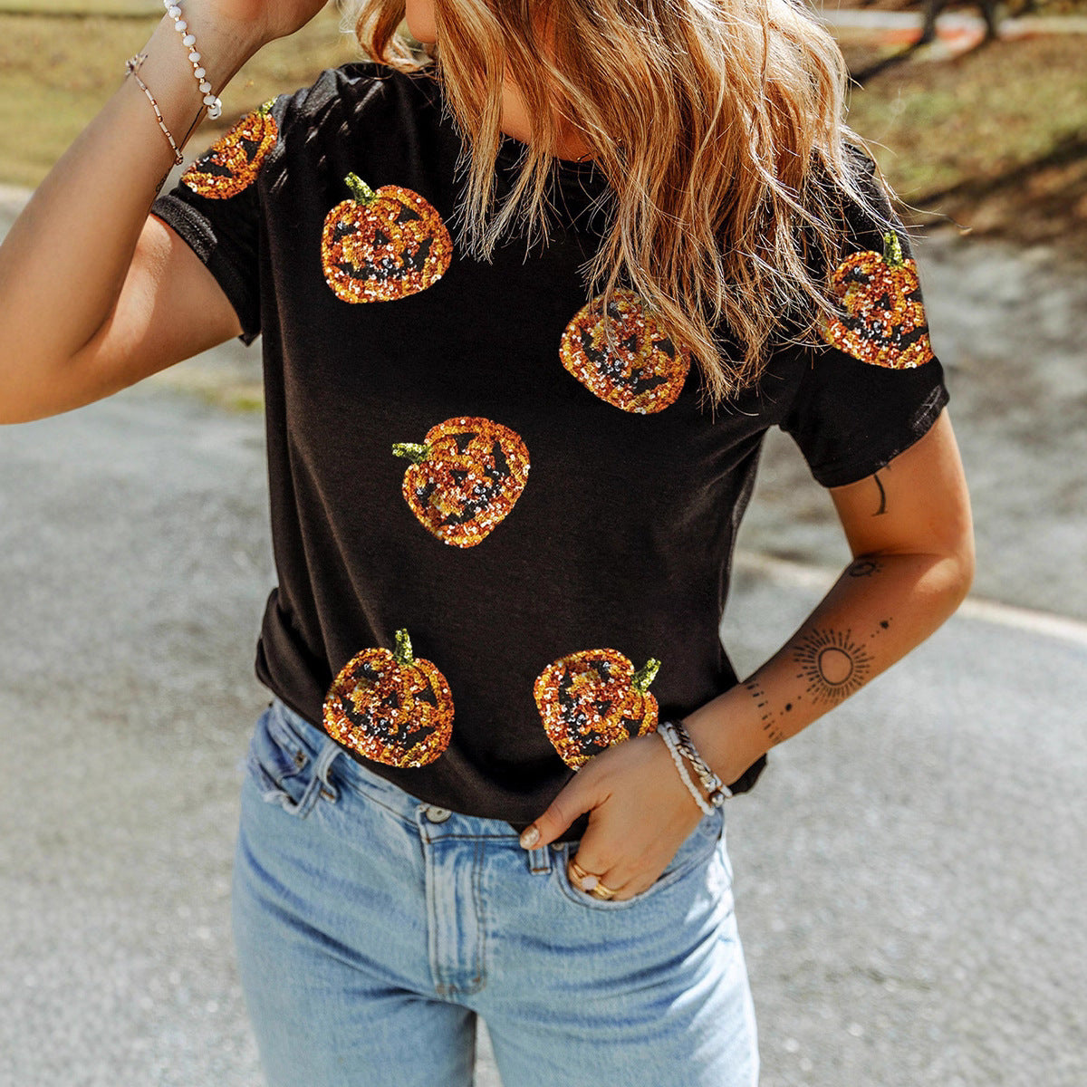 Women's Casual Halloween Sequin Stitching Loose Short Sleeve
