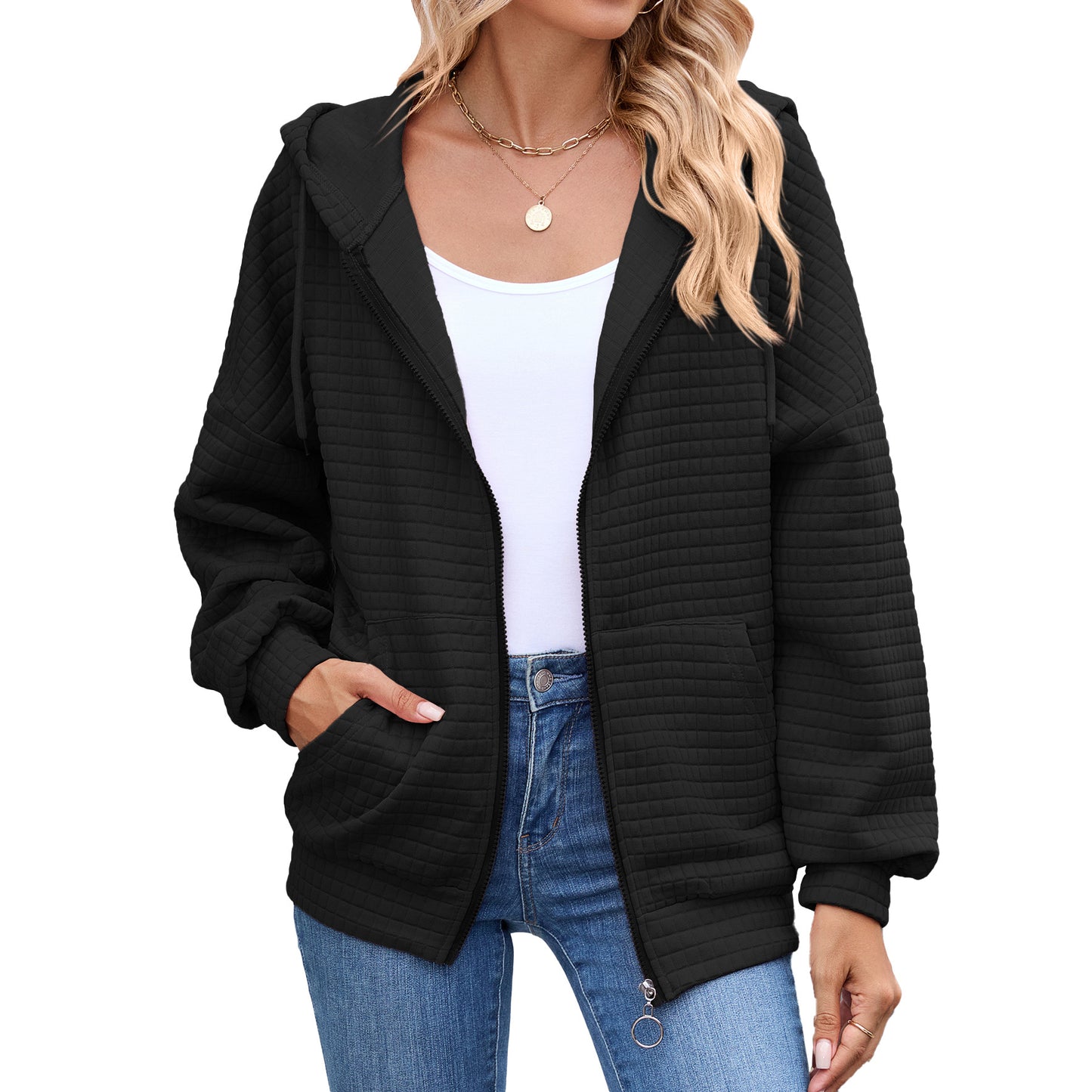 New Solid-color Zip-up Long-sleeve Hoodie With A Hood And Pockets For Women