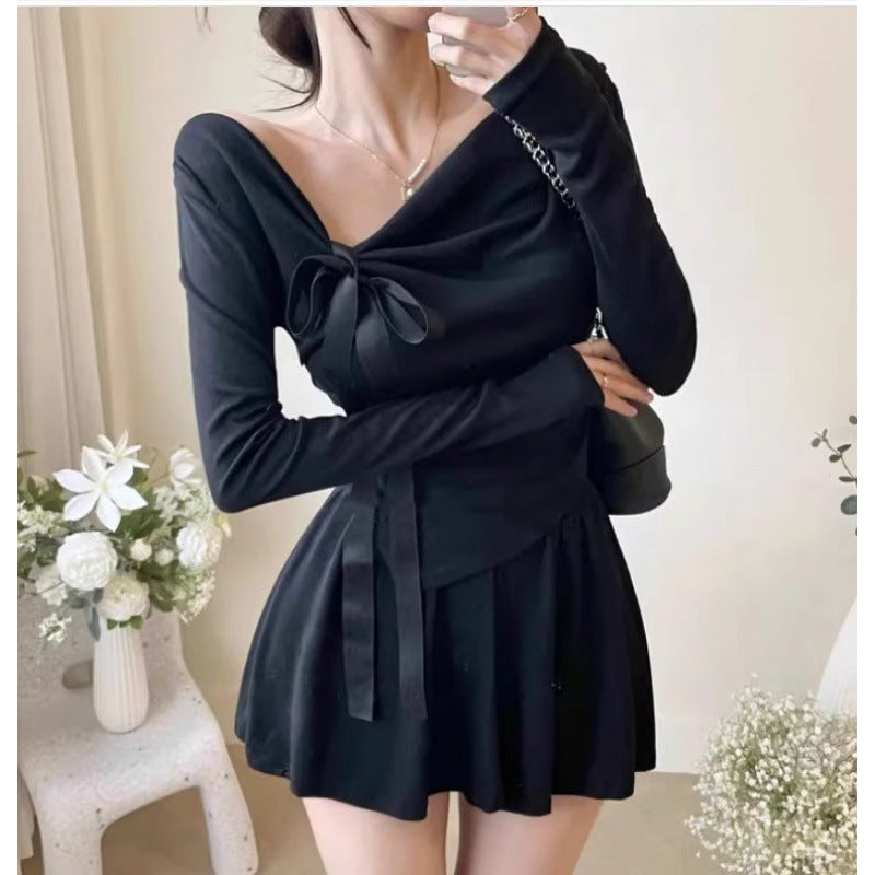Fashionable Sexy Off-Shoulder Bow-Trimmed Asymmetrical Hem Long-Sleeve Top And Pants Set