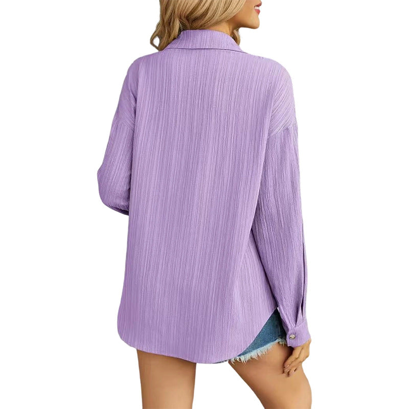 Single-breasted Solid Color Casual Loose Long-sleeved Shirt