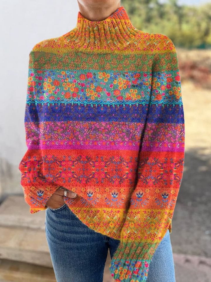 Printing Casual Cloak Turtleneck Pullover Women Abstract