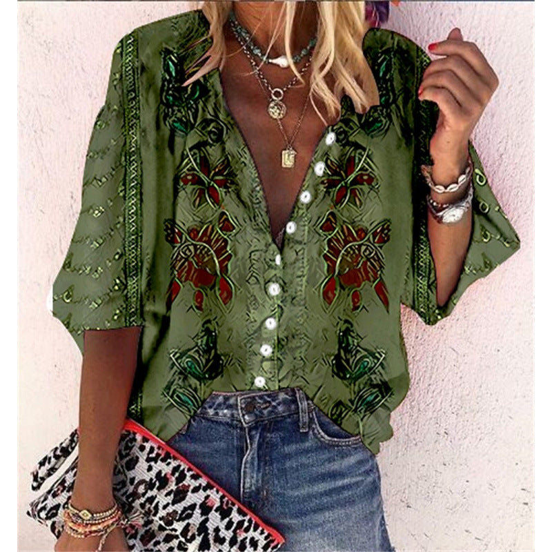 Floral-print Long-sleeve Top Fashionable V-neck Blouse For Women 3D