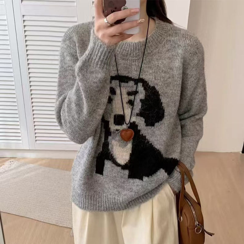 Round Neck Cartoon Pattern Gray Sweater For Women