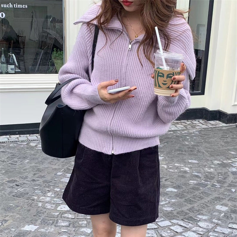 Korean Style Idle Style Large Lapel Knitted Cardigan Zipper Coat