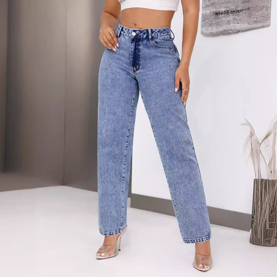 Retro Højtaljet Denim Lige Bukser til Kvinder