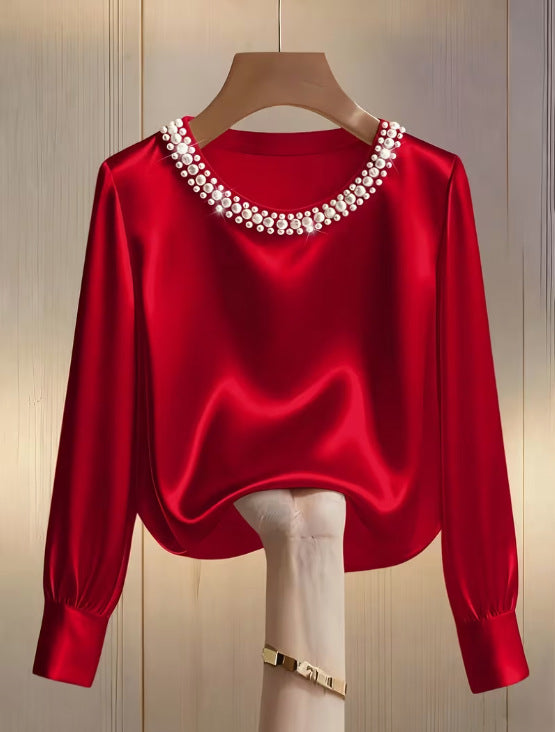 Simple Solid-Color Fashionable Beaded Crew-Neck Long-Sleeve Womens T-Shirt