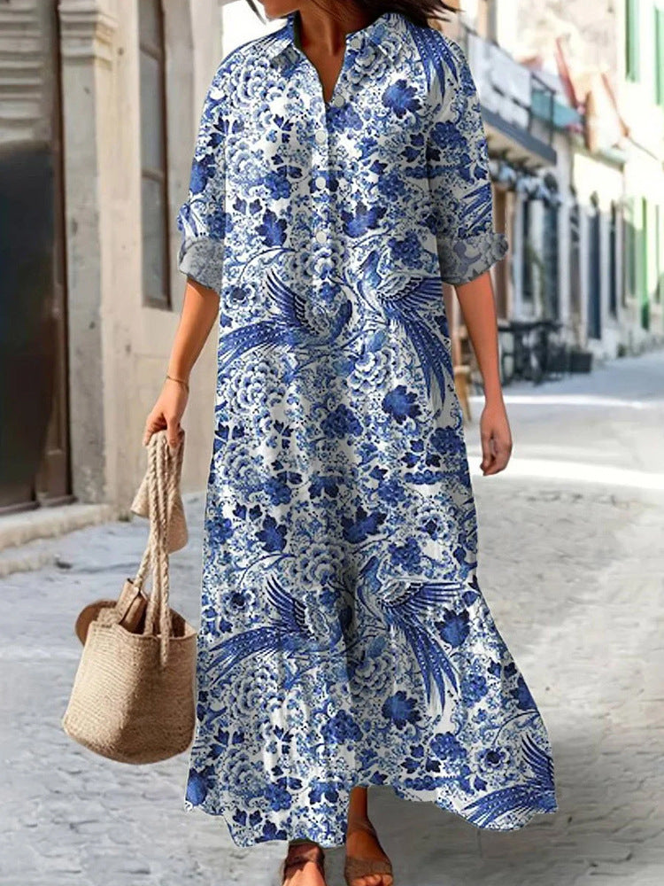 Womens Long-Sleeve Lapel-Neck Digital-Print Dress