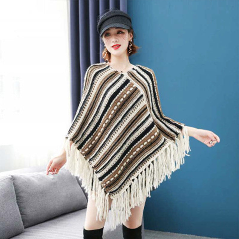 Striped wool fringe diamond hem women's shawl