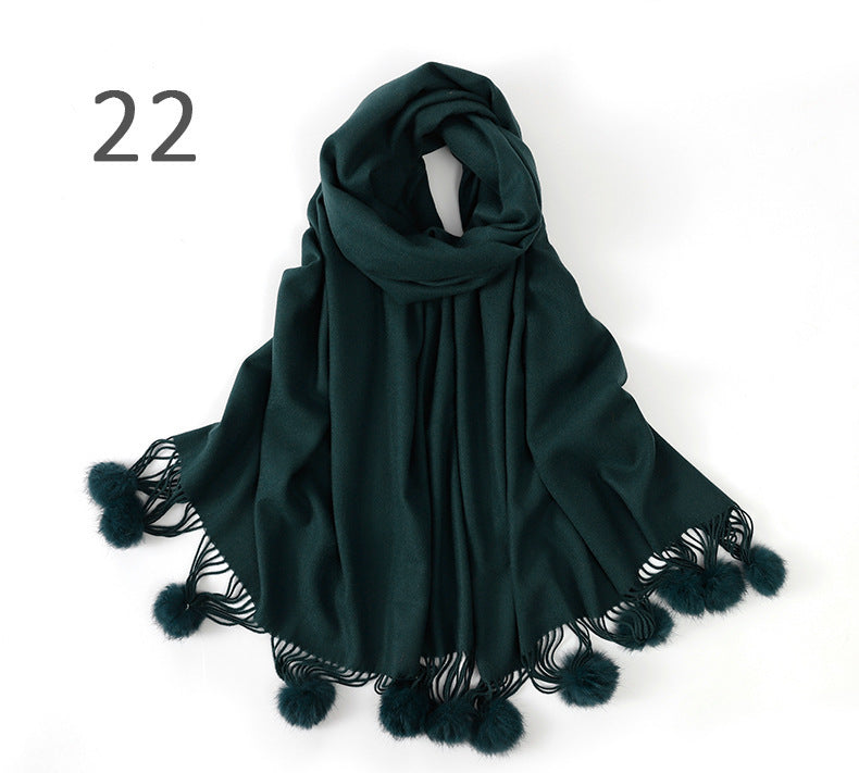 Pure color rabbit fur ball cashmere scarf