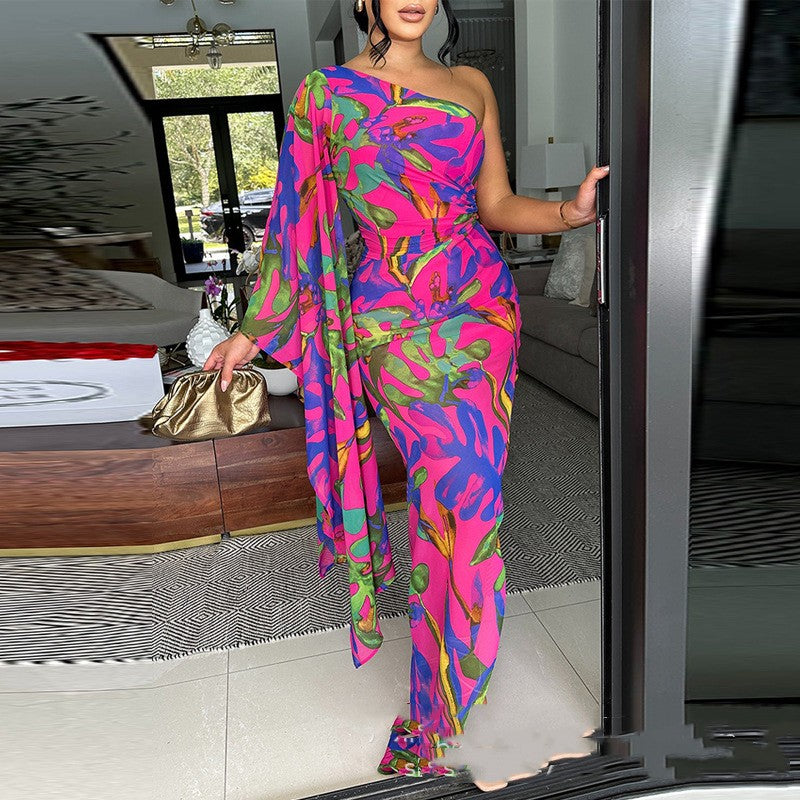 Womens Off-shoulder Printed Slim-fit Dress