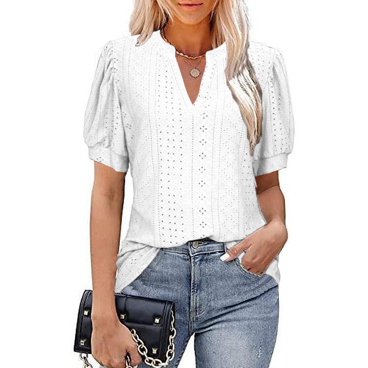 Casual V-neck Solid Color Hollow Puff Sleeve Loose T-shirt