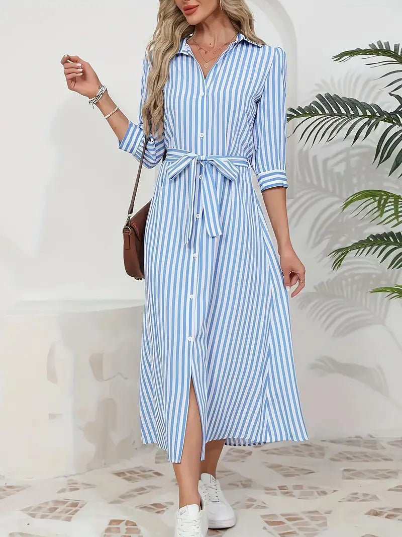 Womens Fashion Striped Cardigan Lapel Shirt Dress