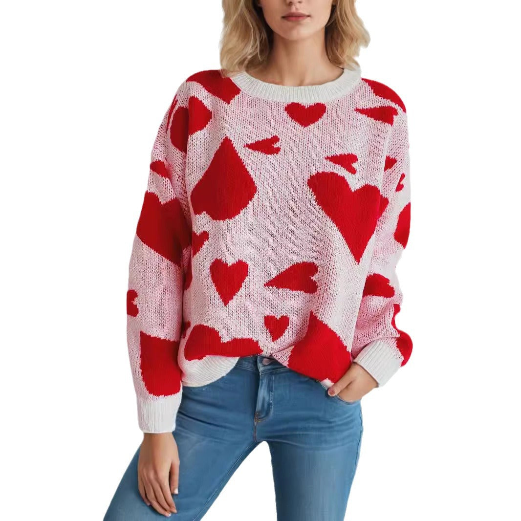 Round Neck Heart-shaped Two-color Jacquard Pullover Sweet
