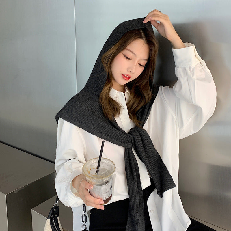 Women's Autumn Winter Wool Straight Stripe Hooded Shawl