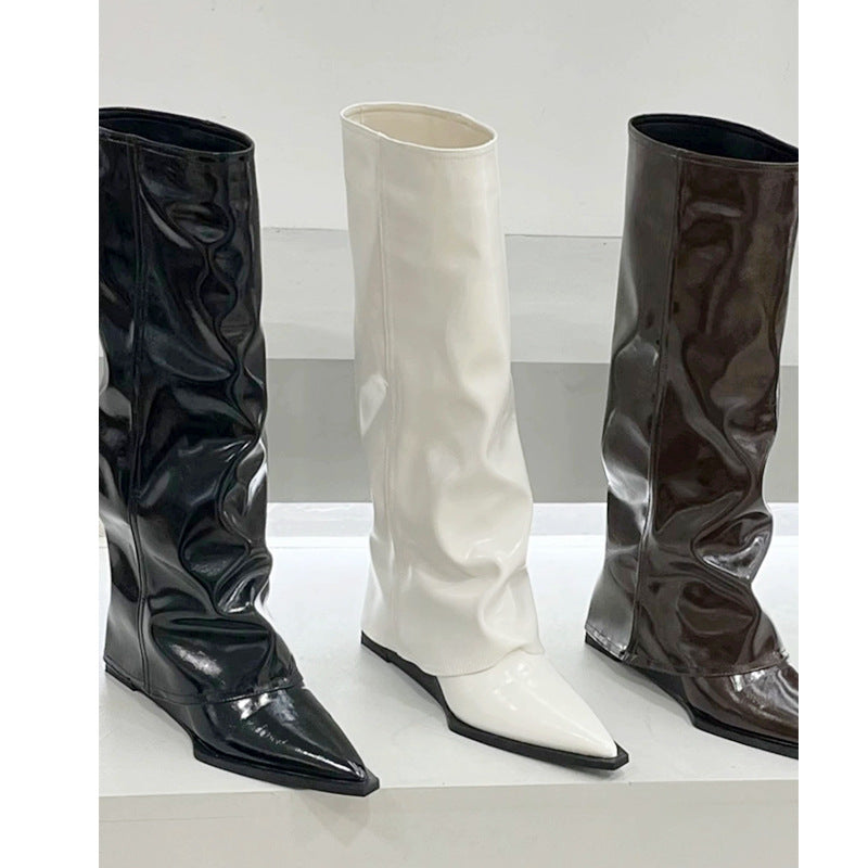 Wedge Pants Boots High Leg Pointed Toe Black Patent Leather Fried Street