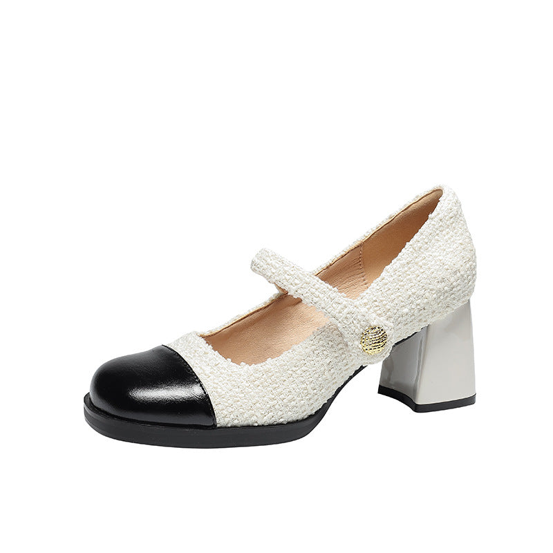 Retro Round Toe Color Matching Thick Heeled Shoes