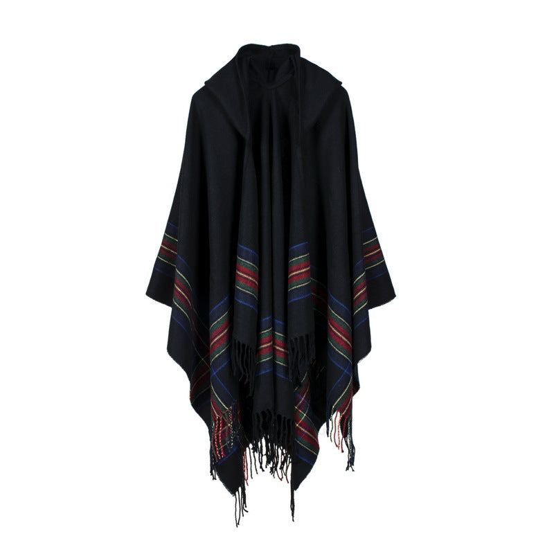 Keep warm by adding a stylish hooded cape