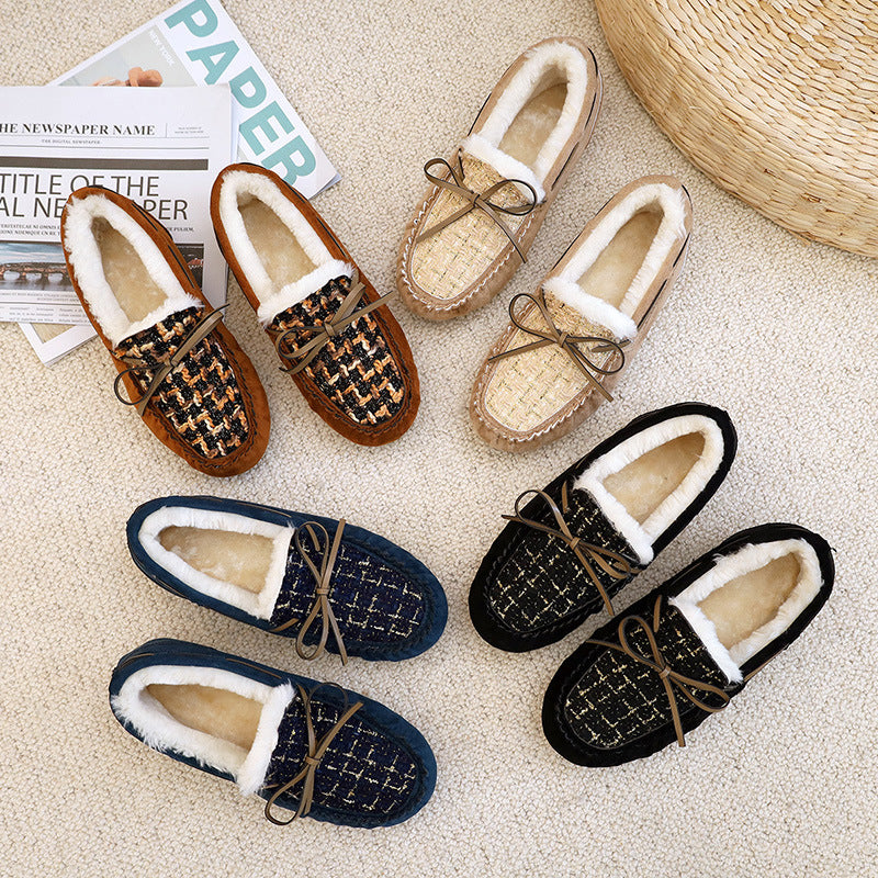 Soft-soled Lambs Wool Shoes Women's Round Toe Warm Large Size Bow