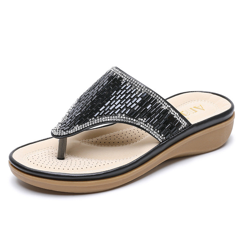 Flat bottom slope and bohemian rhinestone sandals
