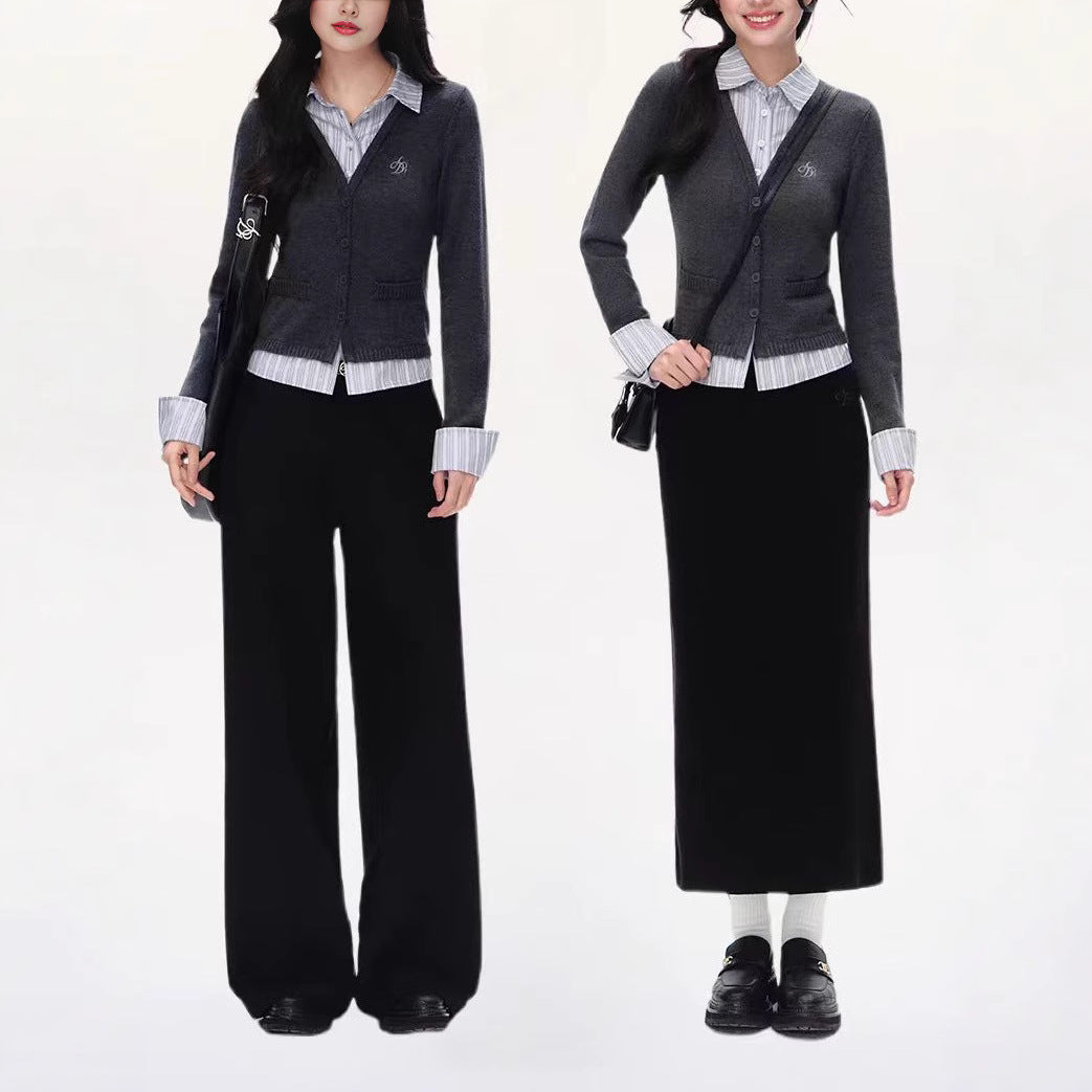 V-neck Fake Two-piece Knitted Cardigan For Women