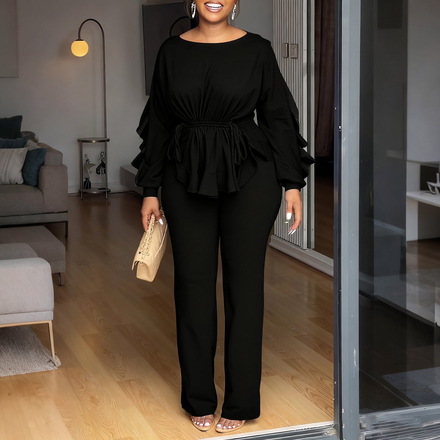 Ruffled Drawstring Long Sleeve Waist-controlled Top Pants