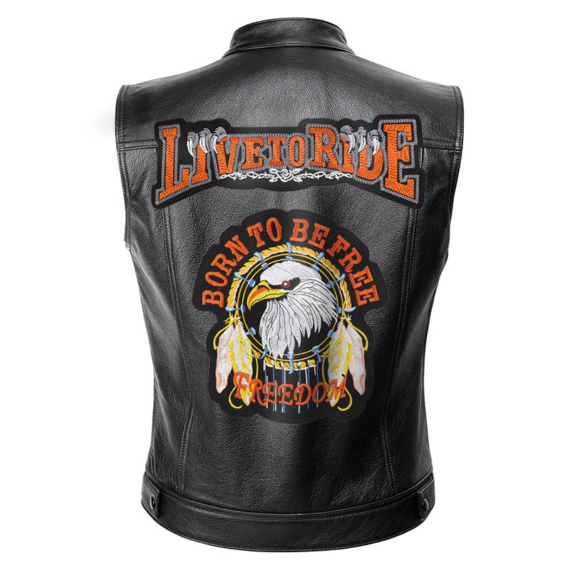 Casual Vest Embroidered Pattern Leather Black