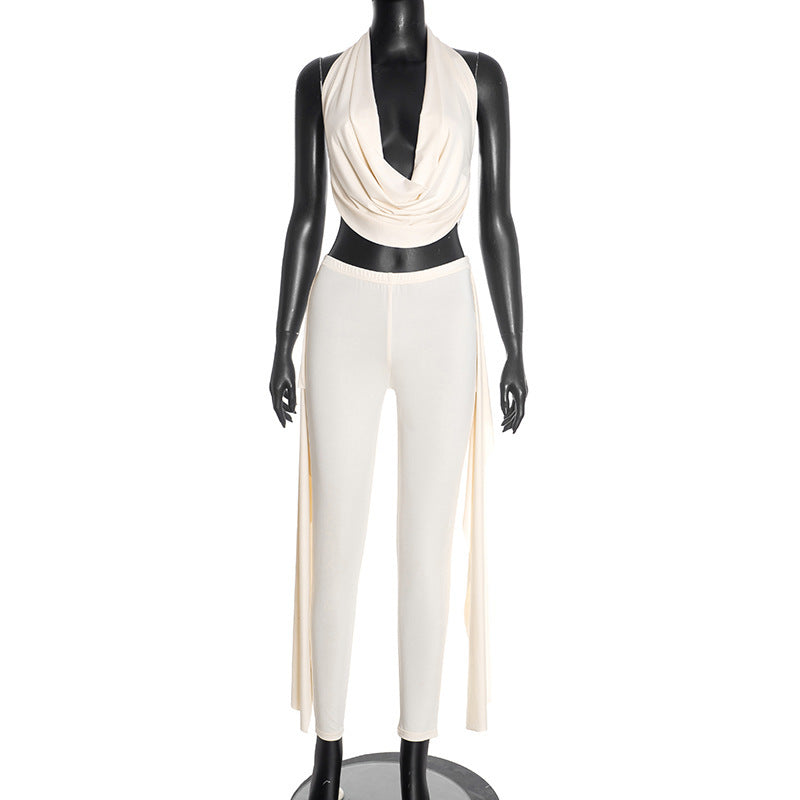 Neck-hanging Sleeveless Backless Top With A Draping Neckline Paired With Pants