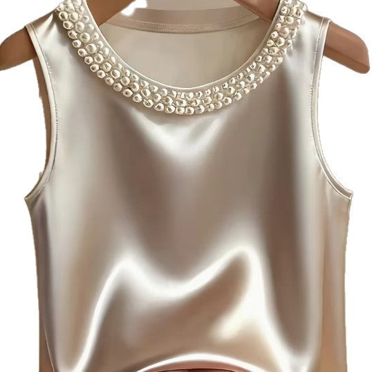 Dame Ensfarvet Rundhals Perleudsmykket Tanktop T-shirt