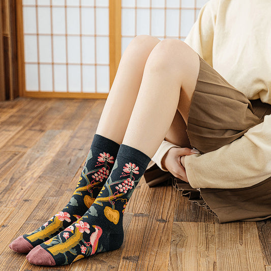 Mid Tube Mori Flower Stockings Street Illustration Sports Socks