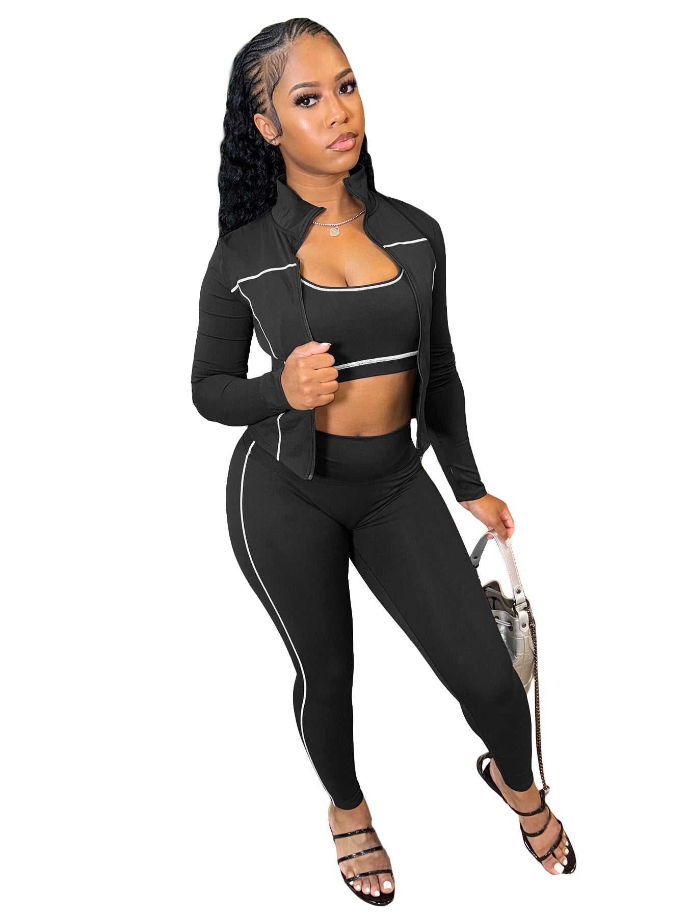 Fashion Women's Wear I-shaped Vest Long-sleeve Zipper Trousers 3-piece Suit