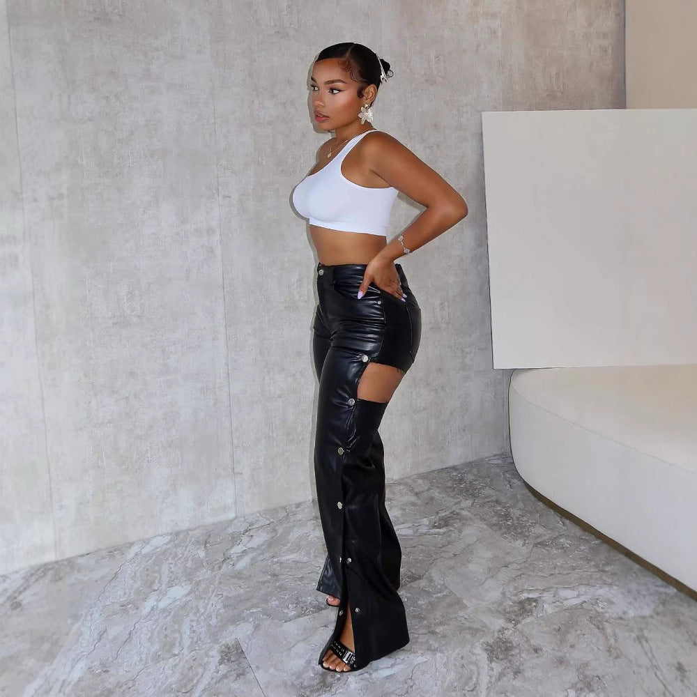 Fashion Sexy High Waist Slimming And Straight Hollow Leather Pants