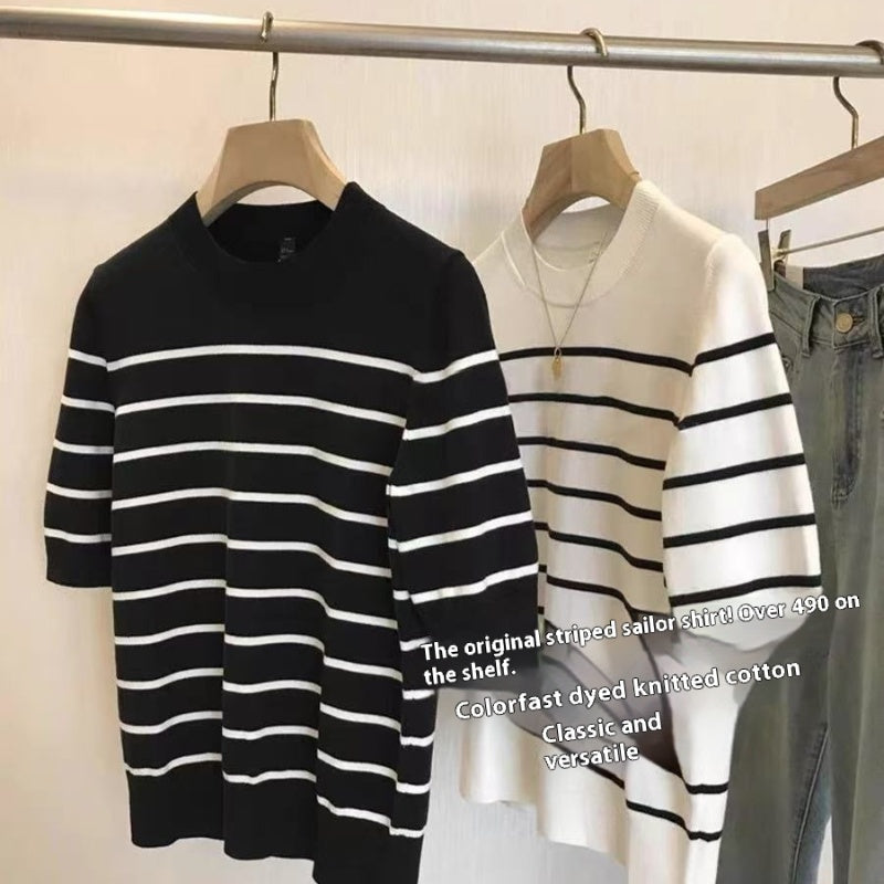 Women's Striped Knitted Short Sleeve Round Neck