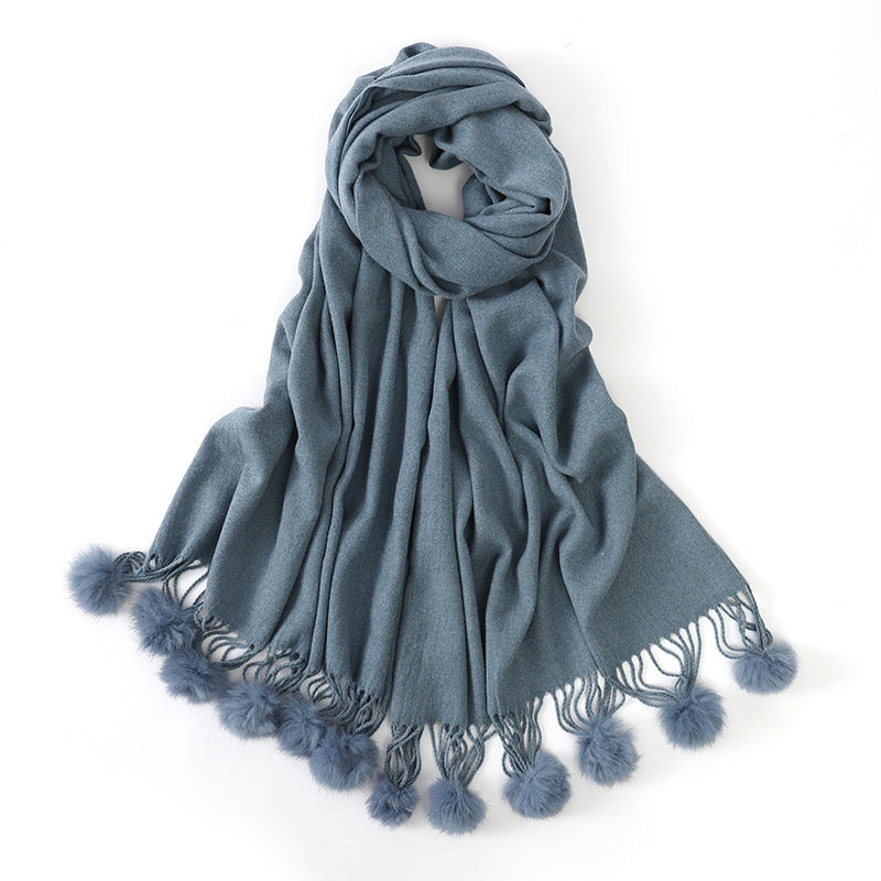 Pure color rabbit fur ball cashmere scarf