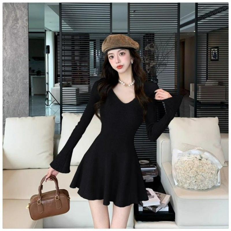 Womens Solid-Color Versatile Fashionable Slimming Long-Sleeve Dress