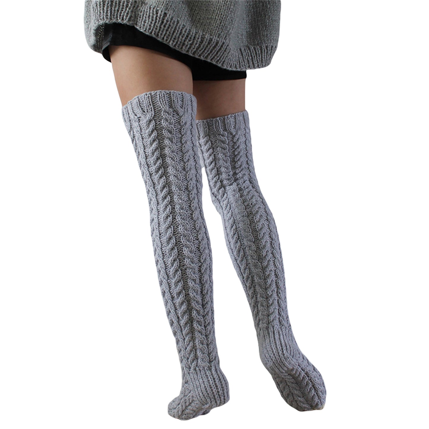 Five-Color Twist Over The Knee Solid Color Long Knitted Woolen Yarn Socks