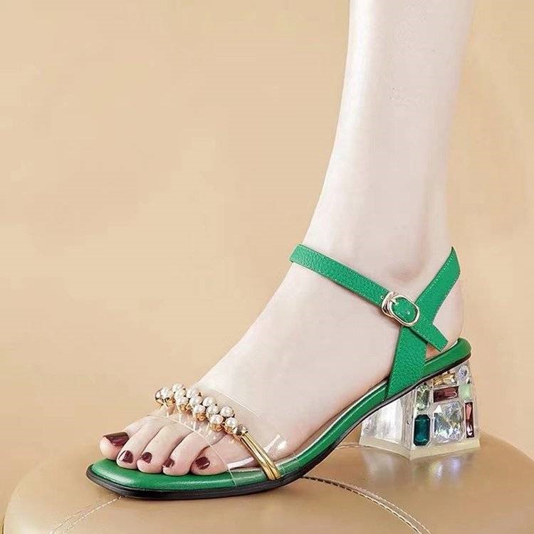Women's Thick Heel Square Toe Leather Toe Mid Heel Sandals
