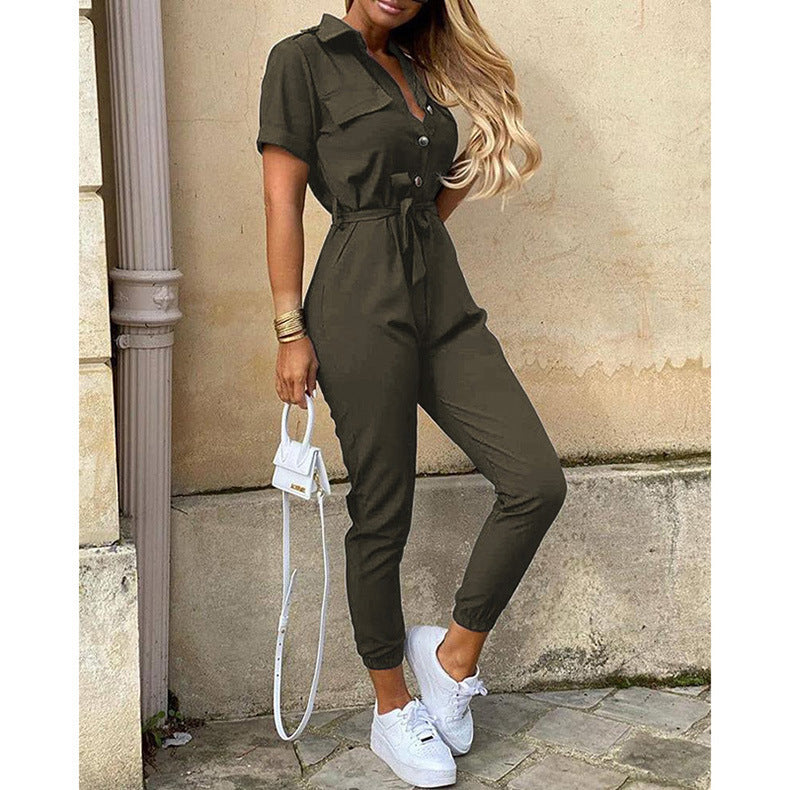 Casual Lapel Button Print Belt Cargo Jumpsuit