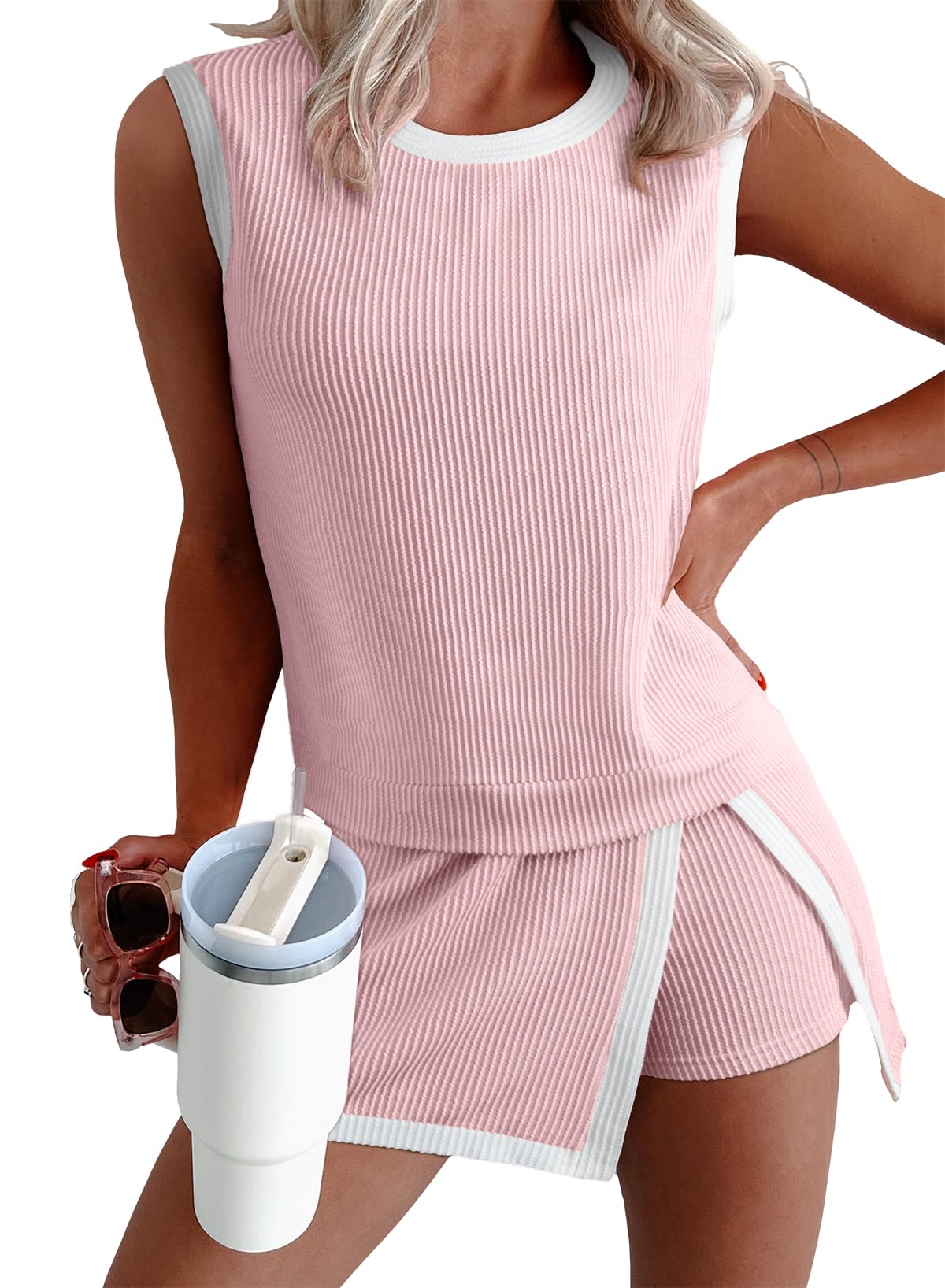 Ribbed Sleeveless Top Shorts Set Women Summer Casual Two Piece Outfit 1Set