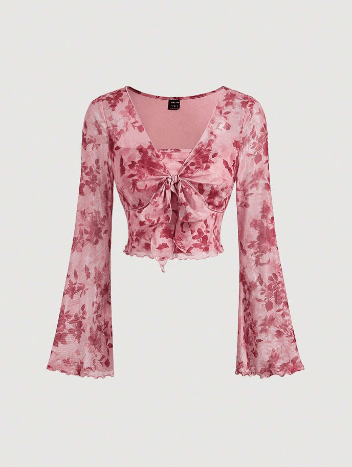V-neck Lace Up Printed Long Sleeve Slim Women Shirt