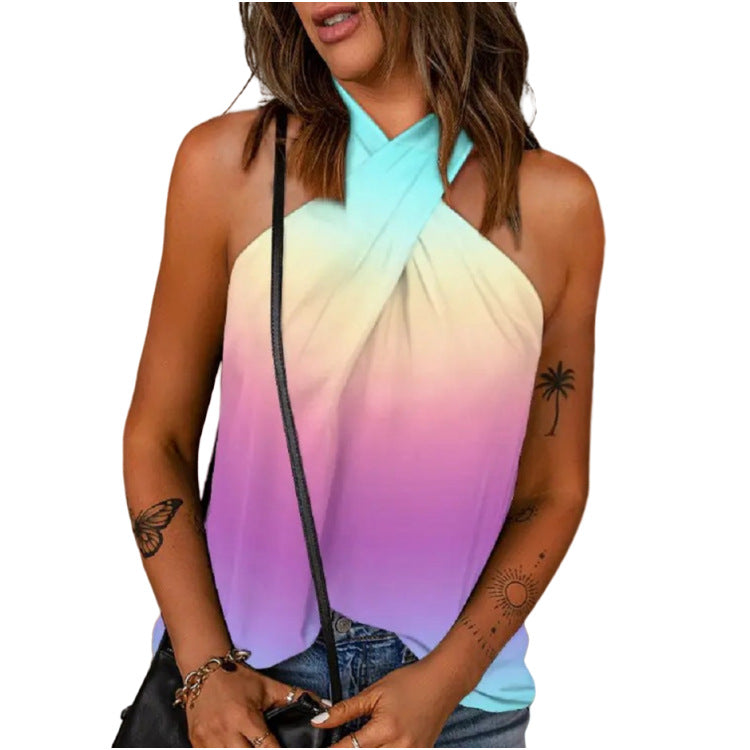 Casual Slim-fit Back-zip Halter-neck Printed Sleeveless Patchwork Top