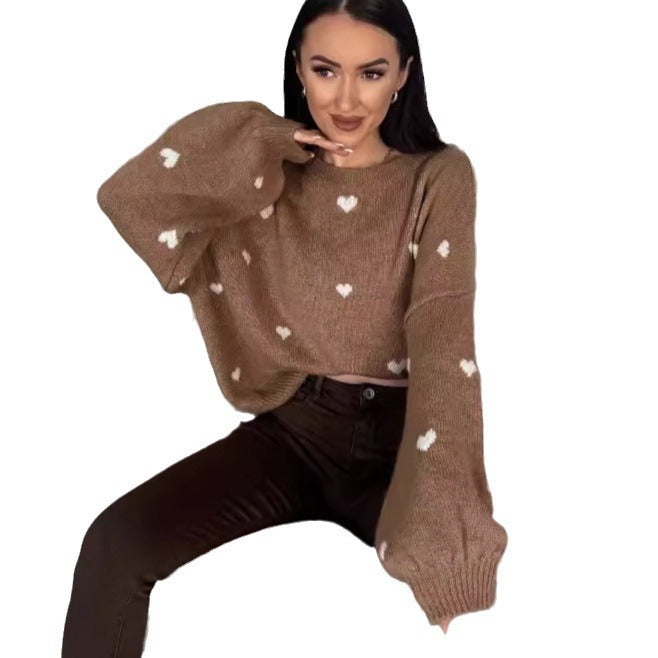 Female With Hearts Loose Sweater Pullover Long Sleeve Sweater