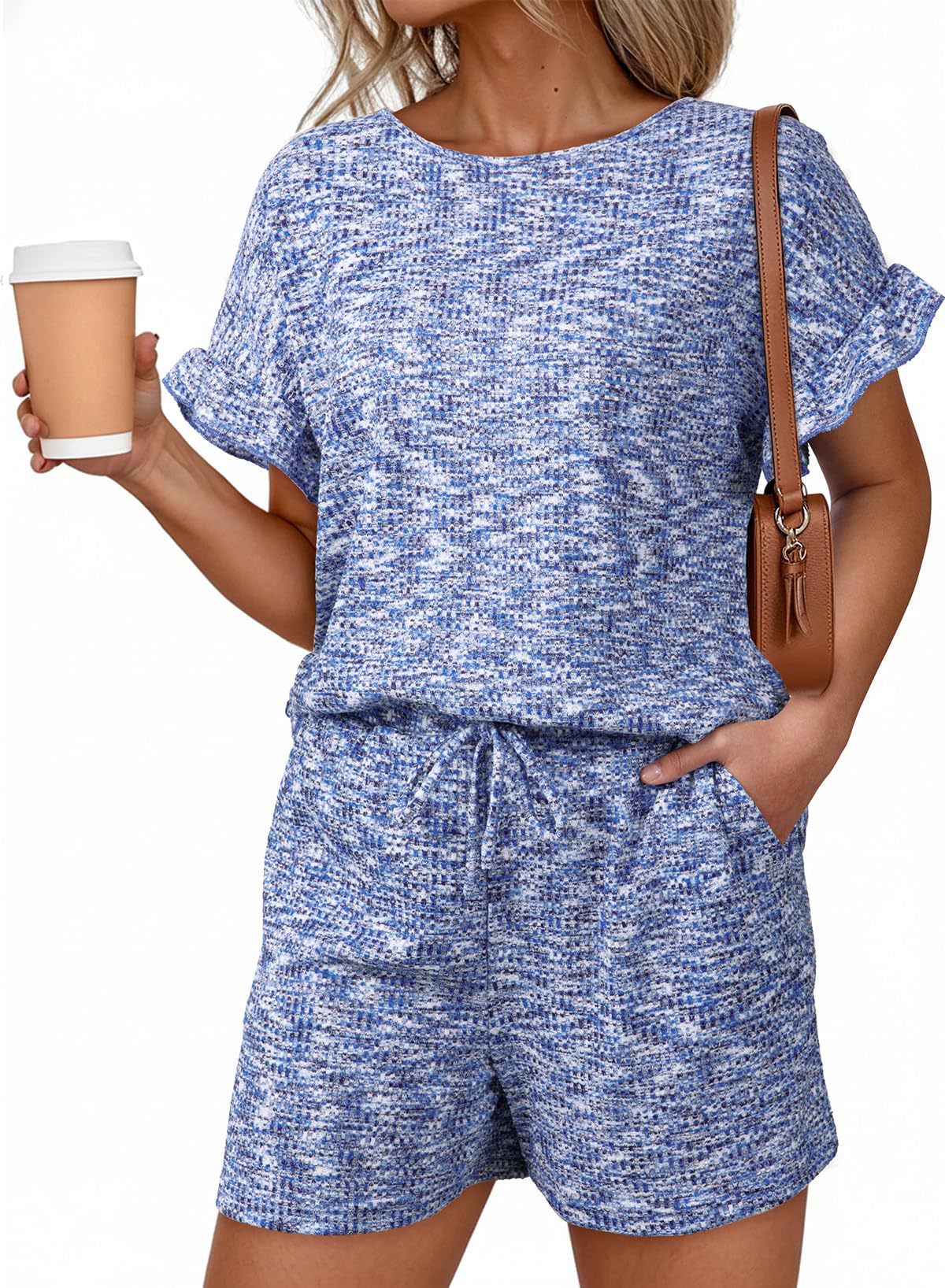Summer Crew Neck Pullover Ruffle Sleeve Drawstring Pocket Shorts Set