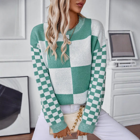 Autumn New Personality Slim Fit Color Matching Plaid Knitted Sweater