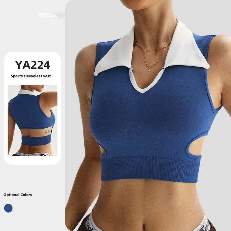 Womens V-neck Contrast-color Hollow-out Waist-cinching Fitted Top